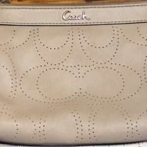 Coach Taupe Perforated Leather Wristlet Bag